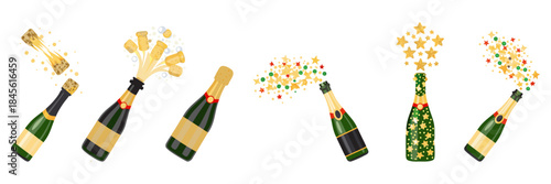 Champagne cork popping, sparkling spray, minimal vector style.
