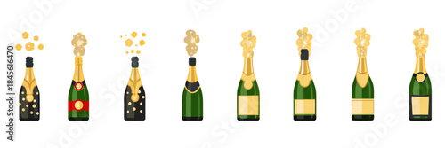 Festive champagne bottle illustration, gold foam, clean flat design.