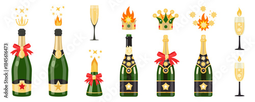 New Year champagne pop, green bottle, gold accents, vector art.