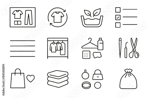 Color disposal declutter rotation timeless tools accessory wardrobe vector kit mindful icons