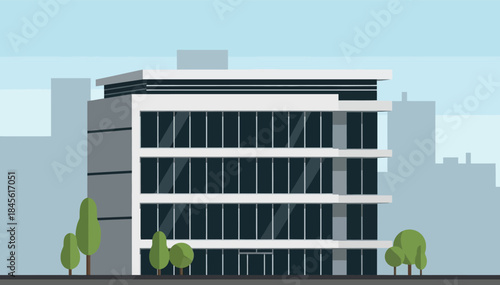 Modern corporate building design featuring a sleek glass facade in an urban city setting