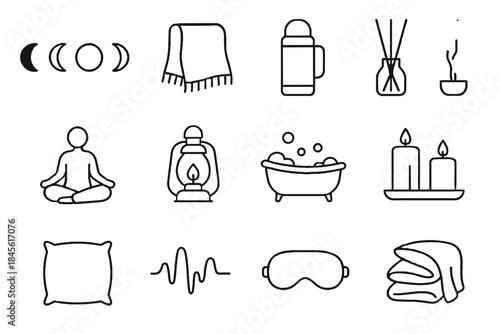 Warm peaceful sitting eye phases evening folds icons icon reeds calm vector