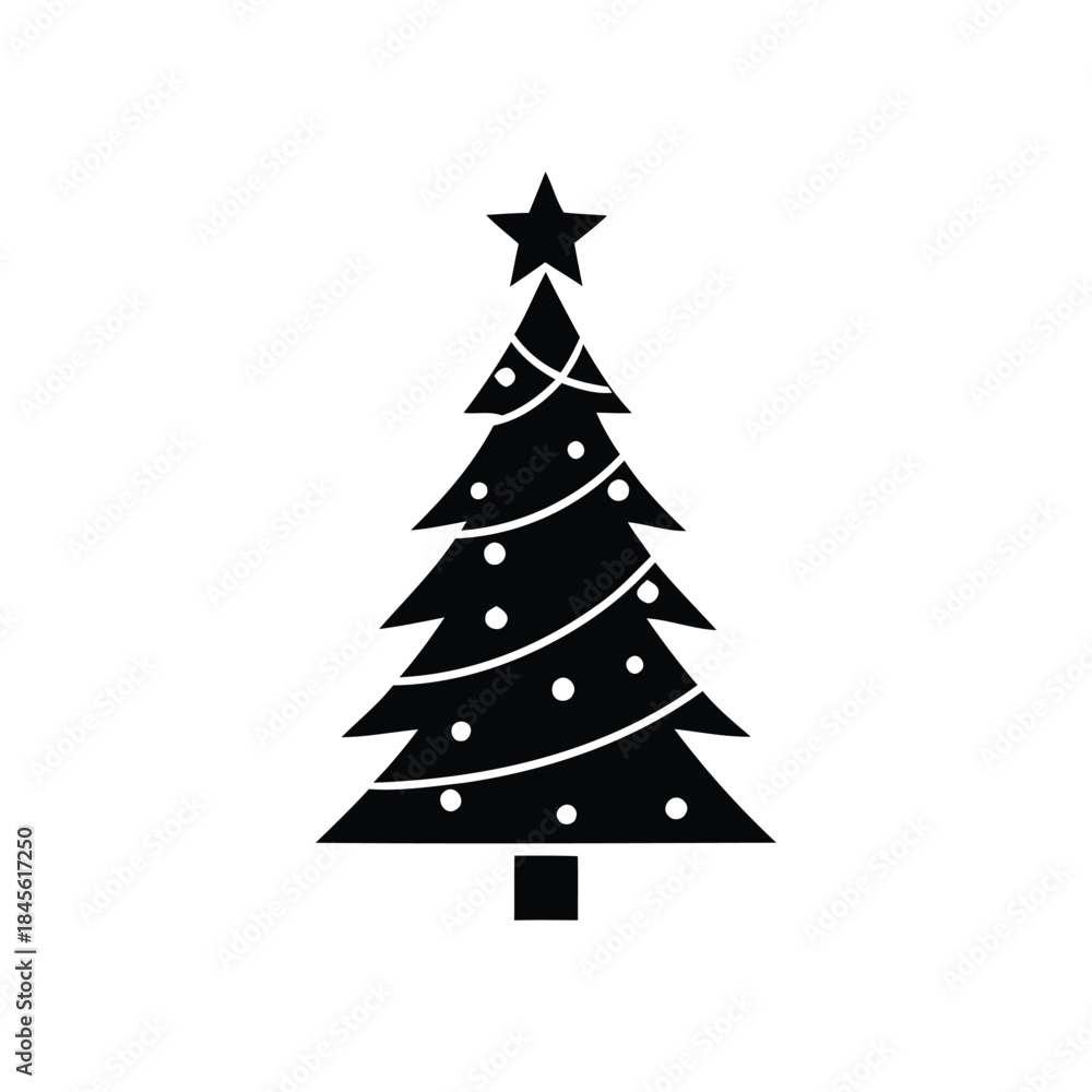 Fototapeta premium Stylized Black Christmas Tree Icon with Star and Decorations for Holiday Celebrations