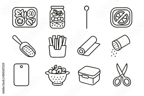 Eco wood board citrus scoop meal scissors airtight sticks icon vector base