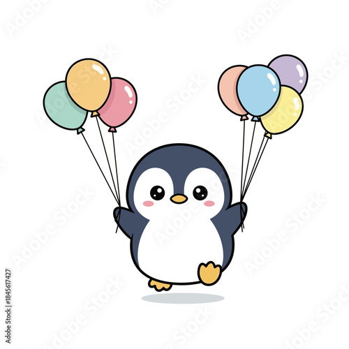 A cute cartoon penguin happily holds colorful balloons in its flippers outdoors.