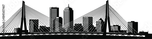 Black silhouette vector illustration of a modern cable-stayed bridge spanning a downtown metropolitan skyline featuring tall contemporary skyscrapers and urban architecture, line.