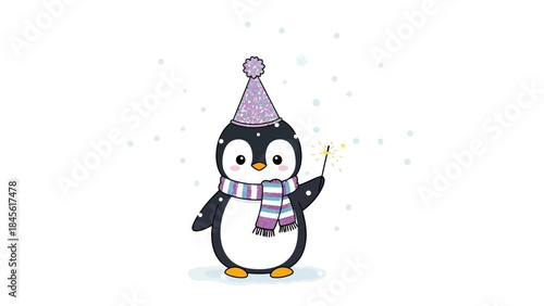 A cartoon penguin in a party hat and scarf holds a sparkler on a snowy day outdoors.
