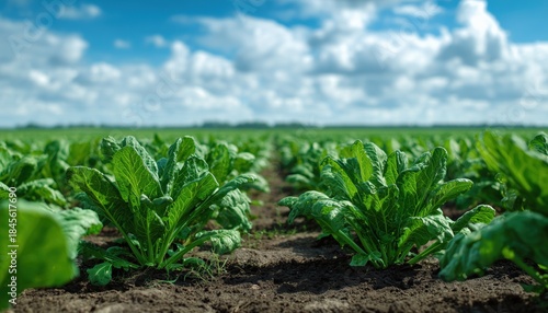 Beautiful Agricultural Landscape Of A Lush Sugar Beet Field With Young Plants In A Sugar Beet Field Setting. Rich Scenery.