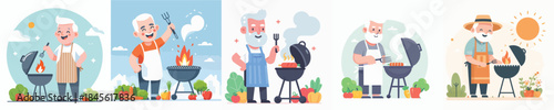 vector of grandfather grilling meat