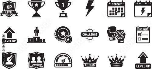 Black and White Vector Icons Set Representing Gamification, Awards, Achievements, Leveling Up, Challenges, Competitive Sports, and Digital Rewards.