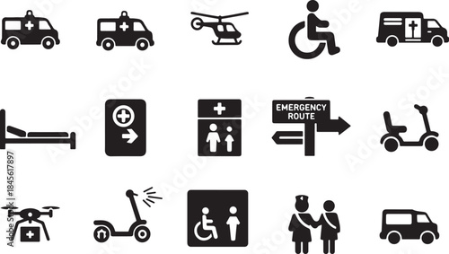 Black and White Vector Icons Set Featuring Emergency Medical Services, Ambulance Transport, Hospital Infrastructure, Patient Mobility, and Healthcare Access