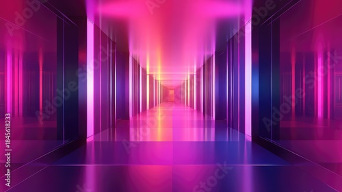 Fototapeta Naklejka Na Ścianę i Meble -  Vibrant abstract digital space featuring a long, reflective corridor with glowing pink, purple, and blue neon lights creating a strong sense of perspective and futuristic depth