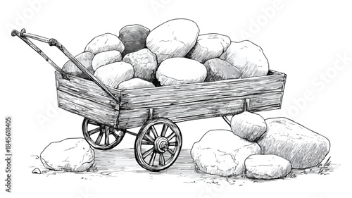 Rustic Cart with Rocks and Rocks Vector Outline