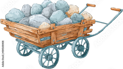 Cart with Rocks and Basket Drawing Vector
