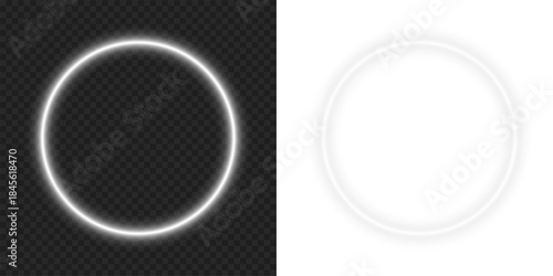 Tableau sur toile Bright white neon glow circular ring circle frame border with empty center space and glowing lighting effect on transparent background png design