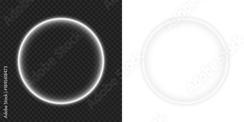 Bright white neon glow circular ring circle frame border with empty center space and glowing lighting effect on transparent background png design.