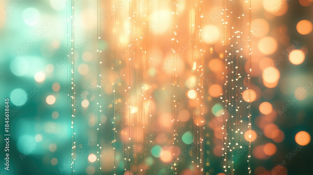 Naklejka premium Atmospheric bokeh lights and delicate string illuminations creating a vibrant and celebratory abstract background with a smooth color gradient from teal to warm orange tones