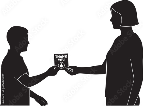 Silhouette of a child handing a thank you card to an adult in a gesture of gratitude