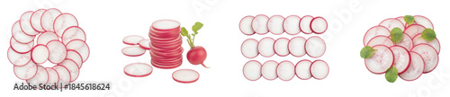 Various artistic arrangements of fresh, vibrant radish slices on a clean white background