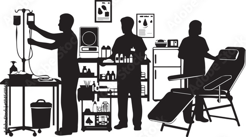 Medical professionals prepare equipment and care for patient in sterile clinic setting silhouette