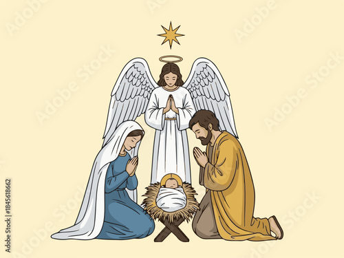 Cartoon child in red winter clothes holding Happy New Year sign on pink background