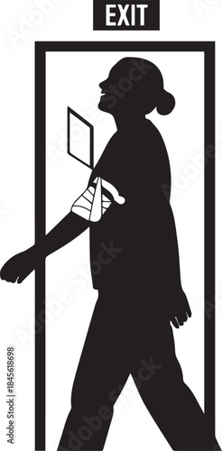 Silhouette of a person walking through an exit door reaching for a push bar signage