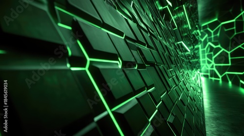 Fototapeta Naklejka Na Ścianę i Meble -  Green glowing lines illuminating a dark abstract geometric tunnel, forming a pathway that represents advanced digital technology, data flow, and virtual network concepts