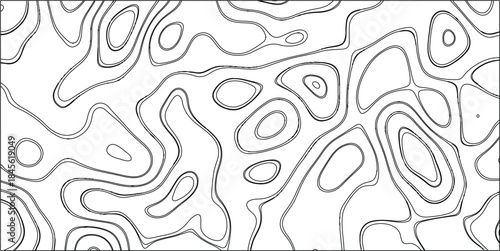 Black and white topographic map contour lines forming an intricate and organic abstract pattern ideal for graphic design backgrounds and conceptual illustrations