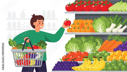 Young man thoughtfully selecting fresh produce in a vibrant grocery store aisle, promoting healthy eating habits