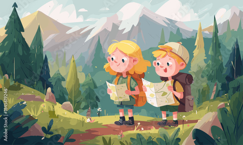 Children hiking background. Cartoon kids with backpack and map in mountain forest, preschool or school child scouts adventure discovery search cartoon boy girl vector illustration