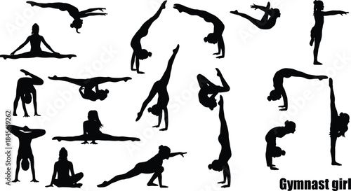Black Silhouette Vector Set of Female Gymnasts in Various Poses, Including Handstands, Splits, and Acrobatic Moves, Perfect for Sports Design, Fitness, and Training Graphics