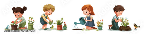 Children planting flowers. Cartoon kids watering plants, home flower growth in pot or summer garden child volunteers nature care houseplant girl boy gardeners vector illustration