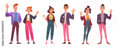 Couple smile wave. Young man woman cartoon characters, person smiling and waving hand people greeting friends girlfriend boyfriend welcome gesture pose set vector illustration