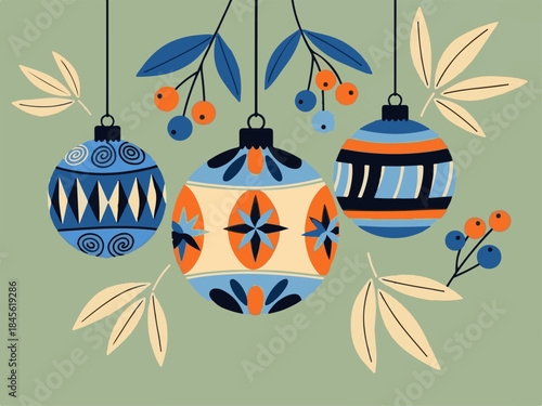 Three cartoon chipmunks in Santa outfits decorating a Christmas tree on dark green background