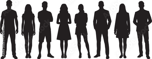 Group of diverse people silhouette vector: young casual and business men and women standing together, representing a mix of professionals and 
