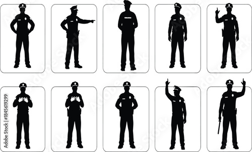 Black Silhouette Collection of Police Officers in Uniform Standing and Giving Hand Signals for Law Enforcement Public Safety and Security