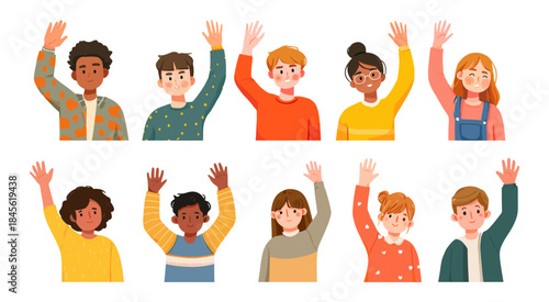 Happy waving kids. School children welcome new classmate, preschool smile kids hand wave say hi hello toddler hands up cute baby cartoon portrait avatars set vector illustration