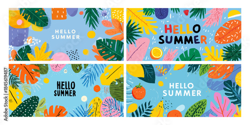 Hello summer backgrounds. Abstract nature posters set, tropical leaves exotic flowers and fruits pattern geometric shape colorful banners for social media post vector illustration