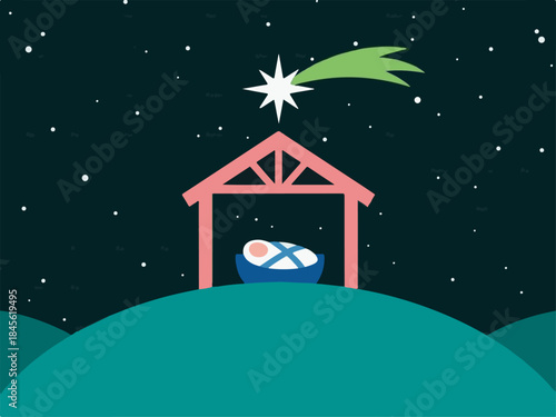 Mary, Joseph, and baby Jesus under a starry night sky