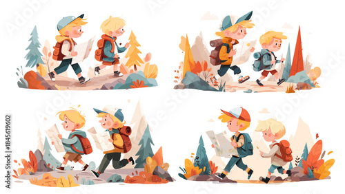 Kids friends hiking. Cartoon scout children with camp backpack map run in mountain autumn forest landscape scenes set, schooler boy hikers adventure discovery vector illustration