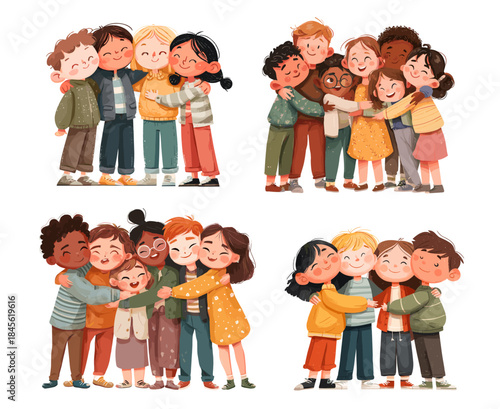 Kids group hugging. Embracing children together, school team preschool or preteen kid boy girl hug fun laughing happy child family childhood friendship concept vector illustration