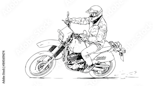 Dynamic illustration of man on motorcycle with 'moto' text