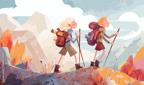 Kids mountain climbing. Couple children forest hiking mountains nature cartoon landscape, teenagers adventure discovery scout camp kid touristic hikers travel vector illustration
