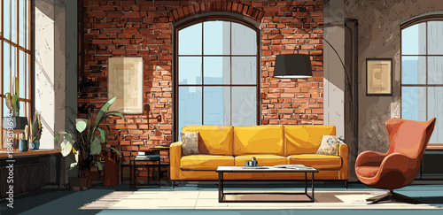 Loft industrial interior. Home modern apartment empty room with brick wall, vintage windows sofa chair table poster book realistic urban house hall background vector illustration