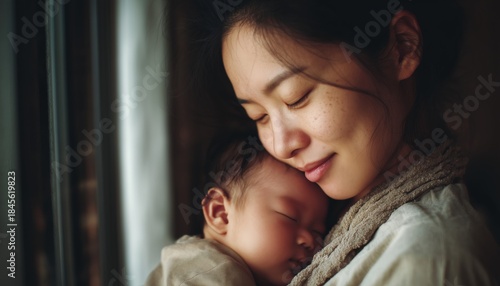 Asian Mother'S Loving Embrace: A Close-Up Of A Beautiful Mom Hugging Her Sleeping Newborn Baby, Kissing Their Head, And Looking Out The Window In Happiness.