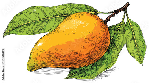 Vibrant Vector Drawing of Mango with Green Leaf - Detailed Illustration