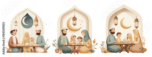 Muslim family iftar. Arabic parent with kids pray and eat food ramadan kareem celebration, islamic dinner night sky in windows background holy month scenes set vector illustration