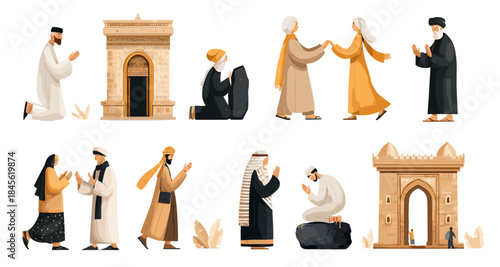 Muslims mecca. Islamic Hajj Pilgrimage, islamic cartoon characters pray at shrines arab muslim pilgrims in ihram clothes ancient city gate shrine praying man vector illustration