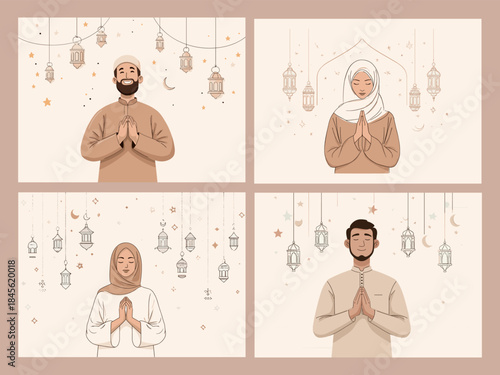 Praying muslims. Happy muslim man and arabic woman pray, islamic prayer islam religion holiday ramadan kareem hajj namaz holy month cartoon characters line set vector illustration