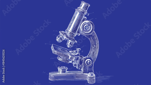 Detailed Microscope Drawing on Blue Background Vector Illustration